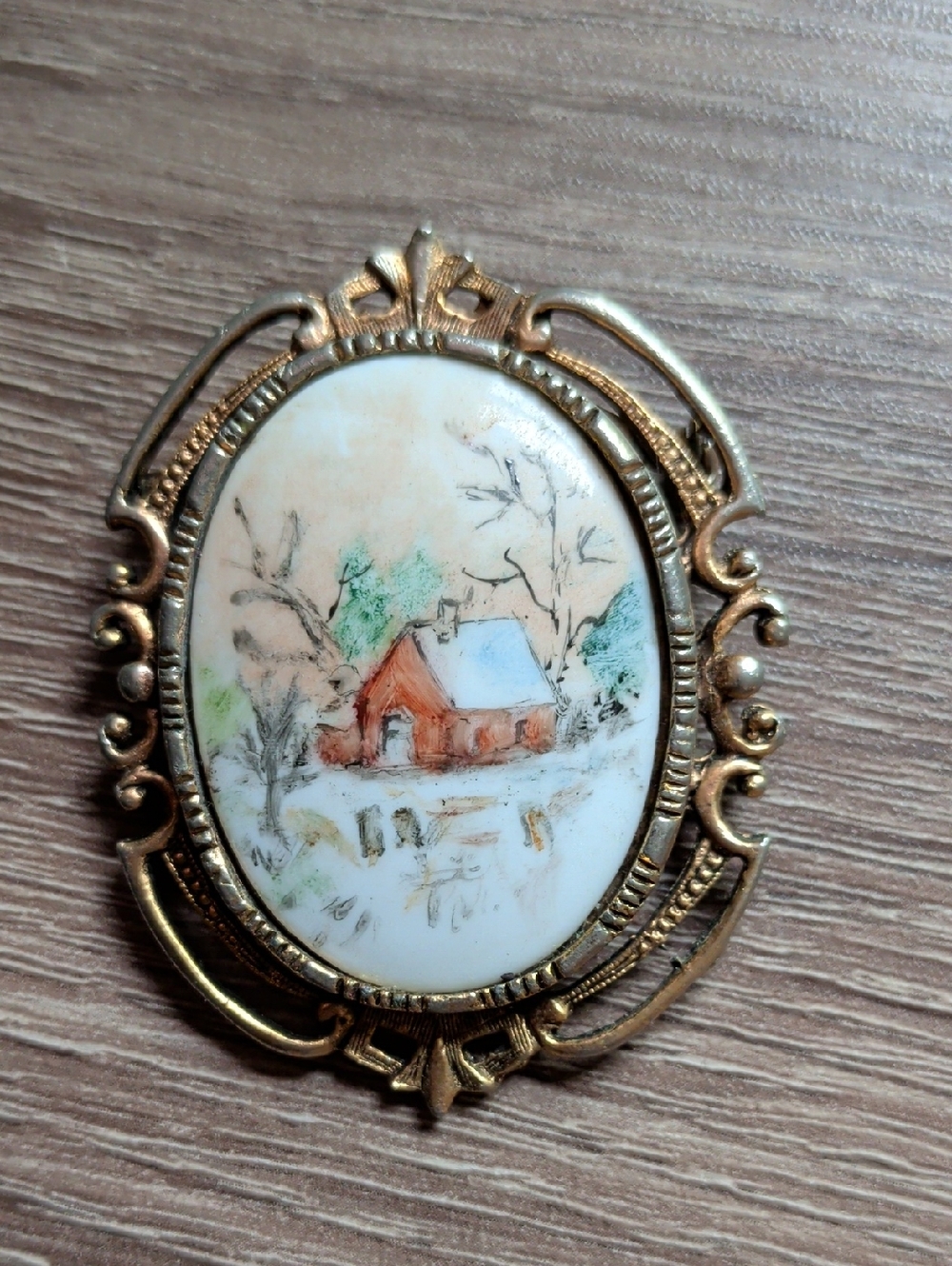Vintage Gold-Tone Brooch with Red Cottage and Green Accents